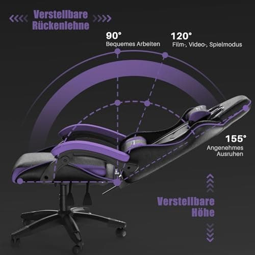 bigzzia Chaise Bureau Chaise Gaming Ergonomique en PU Cuir, Hauteur Réglable, avec Coussin Lombaire et Appui-Tête, Fauteuil Gamer Confortable pour Adultes, Filles et Garçons (Violet Foncé)