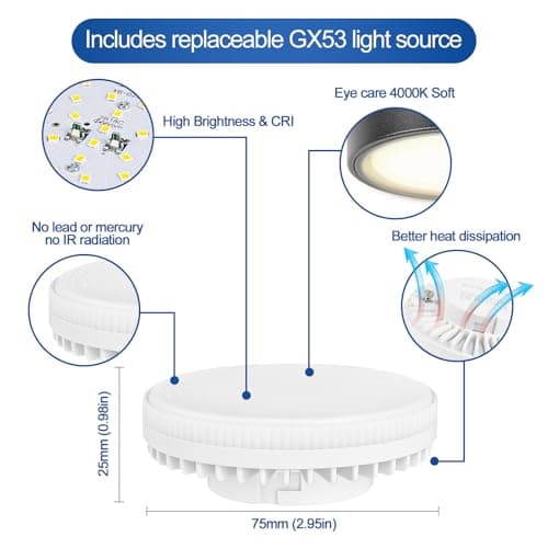 YindaLux Lot de 4 LED Spot en Saillie Noir 220-240V Ø95x55mm Plafonnier Incluse ampoule GX53 6W Blanc neutre 4000K 660LM Plafonnier Spot LED Luminaire Apparent avec spot à grande surface lumineuse