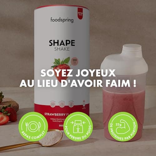 foodspring Shape Shake Fraise - Substitut de repas complet pour le contrôle du poids avec des protéines de qualité supérieure, 202 kcal par portion, sans gluten - nouvelle recette (900g)