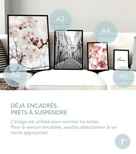 Papierschmiede® Set Mood Posters, Tableau Décoration Murale « Coco Paris » cadres en bois laqué blanc, Bureau, Salon, Deco Chambre Parentale, Cuisine, 2x A4 et 4x A5, fleurs pivoines rose noir blanc