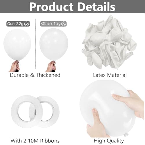 Ballons Blanc Mat, 100 Pcs 10 Pouces Épaissir Latex Ballons Décorations de Fête avec 2 Rubans pour Ballons Guirlande Arche Anniversaire Mariage Anniversaire Baby Shower Fiançailles