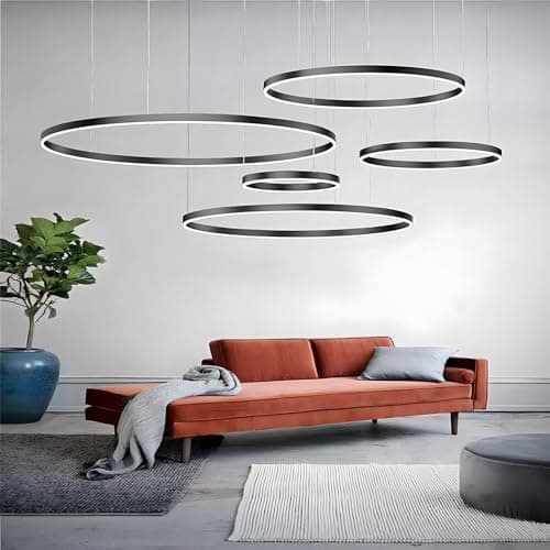 YYUTLUO Lustre LED Moderne DIY Cercle | 5 Noire Anneaux :20+40+60+80+100cm=130W | Éclairage Suspendu LED Métal+Acrylique Télécommande Intensité Variable 2,4G Lampe Suspendue Plafond Ronde Salon