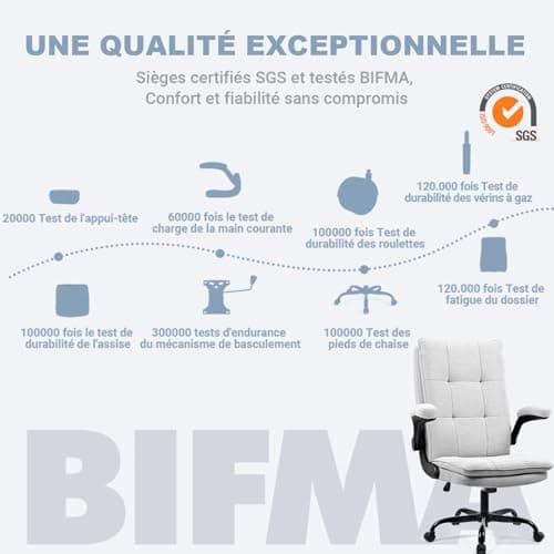 BASETBL Chaise de Bureau, Fauteuil de Bureau Ergonomique de Direction en Tissu avec accoudoirs Pliables, Chaise Gaming réglable en Hauteur, Dossier à Double épaisseur, supporte jusqu'à 150 kg, Gris