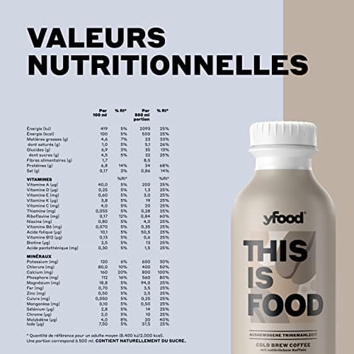 yfood Cold Brew Coffee, repas prêt à boire, THIS IS FOOD, substitut de repas, 34 g de protéines, 26 vitamines et minéraux (12 x 500 ml), goût café avec caféine