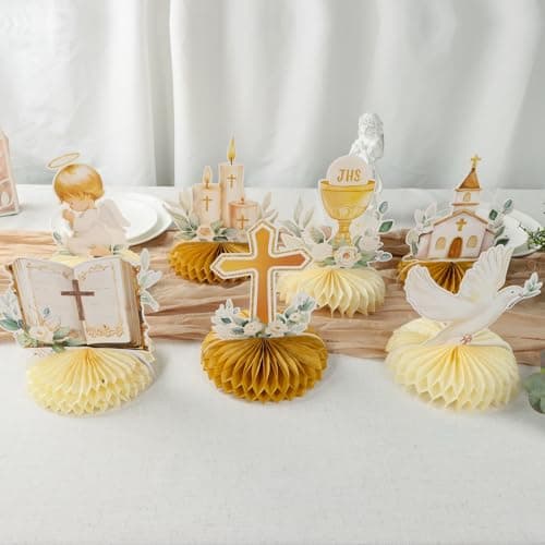Lot de 8 Décoration Table Baptême Centres de Table Communion en Nid d'Abeille Décoration Baptême Communion Confirmation