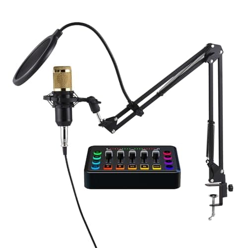 SIBOMTEX Ensemble d'équipement de baladodiffusion micro à condensateur avec carte son en direct 48 V Plug and Play, microphone de podcast, carte son en direct pour la diffusion en direct, la diffusion