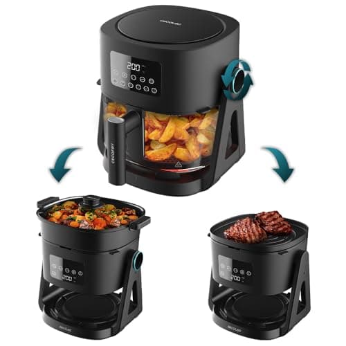 Cecotec Friteuse à Air sans Huile de 4,5 L Air Fryer Cecofry Flip&Grill 4500. 1500 W, 3 en 1 : Friteuse, Gril et Marmite, 6 Menus, Cuve en Verre, Température et Temps Réglables, Accessoires