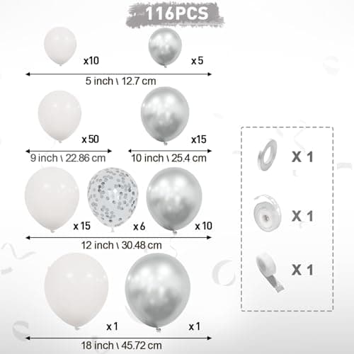 Kit d'Arche Guirlande Ballons Blanc Et Argenté, 116 Pièces Kit d'Arche Ballons Blanc Argenté Métallisé Avec Ballons Confettis Pour Femmes Filles Anniversaire Fête Prénatale Mariage Décoration