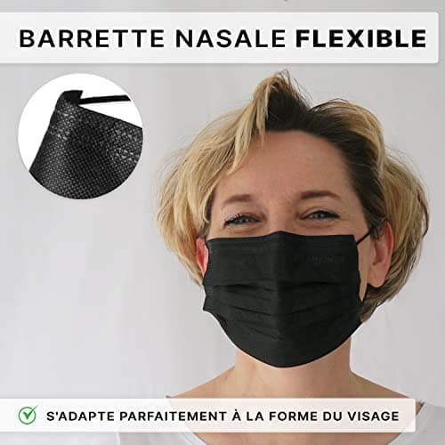 ARNOMED Masques médicaux noirs 50x, masques noirs type IIR, masques médicaux noirs conformes à la norme EN 14683, masques chirurgicaux noirs 4 couches certifiés CE, protège-masques jetables noirs
