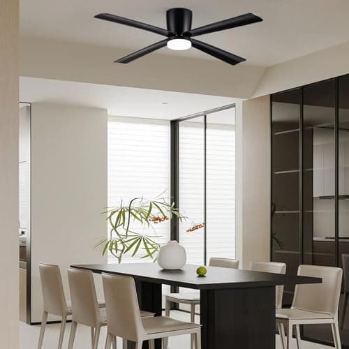 Newday Ventilateur de Plafond avec Lumiere et Télécommande Noir, 122cm Ventilateur de Plafond avec Lampe LED, Ventilateur Plafonnier Silencieux 4 Pales Pour Chambre Salon Bureau Cuisine, DC Moteur