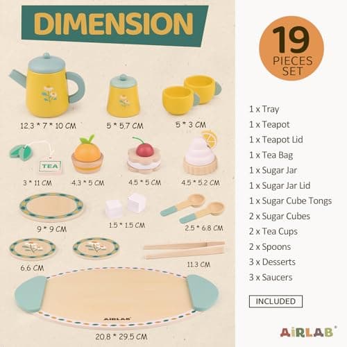 Airlab Service à Thé Bois Bébé, Jeux Rôle Tea Party, Jouet Éducatif Éveil Montessori, Gâteau Dessert Dinette Jouet Cuisine, Cadeau Créatif Anniversaire Pâques Halloween Noël Enfant Garçon Fille 3+ Ans