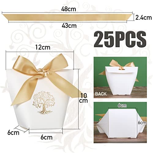 25Pcs Boîtes Cadeaux Baptême Communion Anniversaire Sachet Bonbons Mariage Bonbonnière Faveur avec 25Pcs Rubans Ballotin Chocolat Dragées Confirmation Design Arbre de Vie