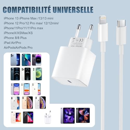 Lot de 2 pour Chargeur Rapide iPhone, 20W PD USB-C Prise Secteur avec 2m Câble USB C vers Lightning pour iPhone 14/14 pro/13/13 Pro/13 Pro Max/13 Min