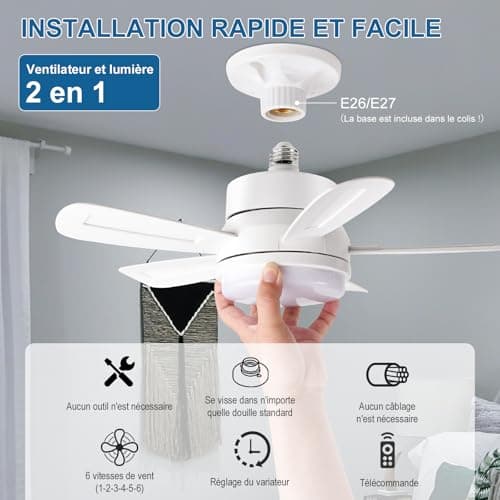 VARICART Silencieux Ventilateur Plafond avec Lumière et Telecommande, Ventilateur Plafond avec Douille E27, 3 Températures de Couleur 3000K-6000K Dimmable LED Ventilateur Plafond, 6 Vitesses, 5 Pales