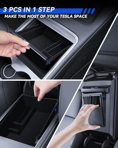 LANTU 3 Pcs Accessoires pour Tesla Model Y 2021-2024 et Model 3 2021-2023, Organisateur de Console Centrale, Boîte de Rangement pour Accoudoir et Boîte de Rangement Cachée