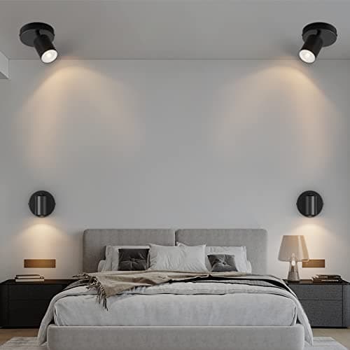 Kligthten 2x Applique Murale Interieur, GU10 Noir Spot Mural, Lampe Murale Orientables 350° avec Bouton, Moderne Plafonnier Spot de Plafond Aluminium, pour Chambre Salon Cuisine, Sans Ampoule