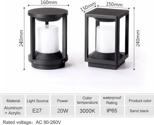 Budbuddy 20W LED Lampe de Jardin Noir Poteau de Jardin Cylindrique Lampe de Exterieur Poteau Imperméable IP65 luminaire de Jardin Douille E27 pour Ies Jardins Chemins Pelouses