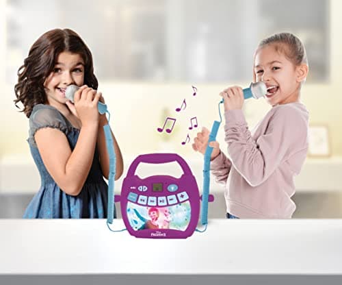 Lexibook - Disney la Reine des Neiges 2 - Lecteur musical karaoké portable pour enfants – Micros, Effets lumineux, Bluetooth, Enregistrement/changement de voix, Batteries rechargeables,Violet,MP320FZZ