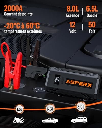 AsperX Booster Batterie Voiture 2000A, Chargeur Batterie Voiture 12V Portable (Jusqu’à 8,0L Gaz ou 6,5L Gazole), Démarreur Batterie Voiture avec Lampe LED et Ecran LCD de 1,4 Pouces