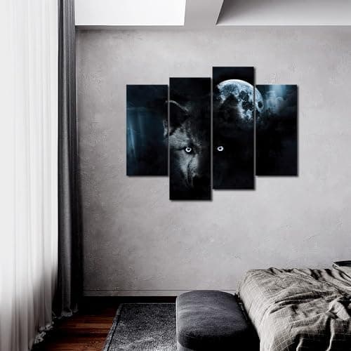 4 Panneau Noir Loup Et Plein Lune Peinture Murale d'art l'image imprimée sur Toile Animal Photos d'œuvres d'art pour Le Bureau à Domicile Décoration Moderne