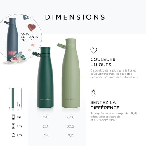 LARS NYSØM Gourde INOX 1000ml | 1L Bouteille d’eau isolée | Gourde étanche pour Le Sport, la Bicyclette, Les Enfants (Sage Green, 1000ml)