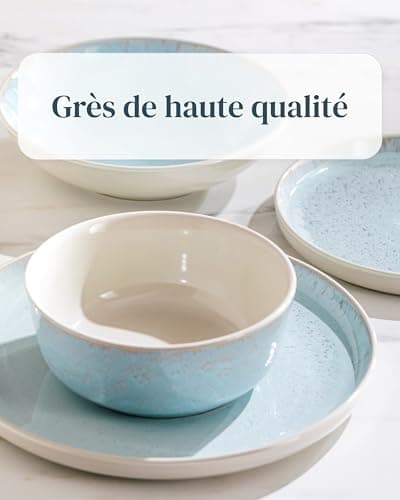 Ensemble 6 Bols Céréales Grès Ibiza - Muesli, Lave-vaisselle, Micro-ondes - Petits Bols Assiettes Creuses, Pure Living beige-bleu, Service de Table Élégant