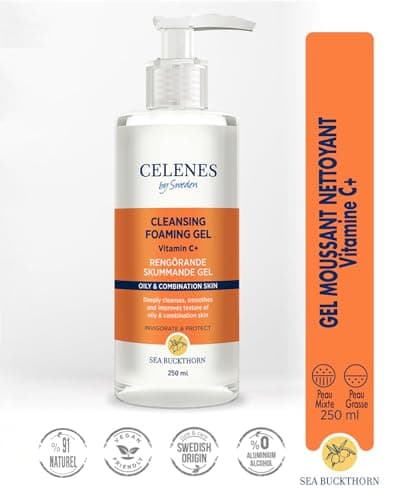 Celenes by Sweden Gel Nettoyant Visage à l'Argousier, Mousse Nettoyante Visage 250ml - Nettoyant Visage avec Vitamine C - Demaquillage Visage Sans Parabèn-Alcool, Nettoyant Visage Peau Grasse & Mixte