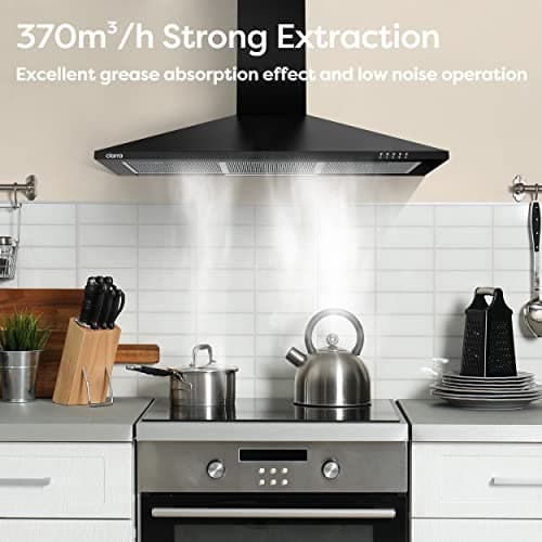 Ciarra CBCB9201 Hotte Aspirante 90 cm - Classe A++ - 370m3/h - 3 Vitesses - Recyclage ou Evacuation - Cheminée Extensible - Filtres à Charbon INCLUS - Noir