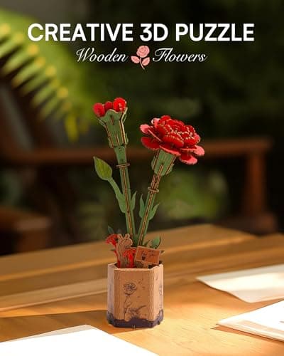 ROBOTIME Fleurs Artificielles Deco, Puzzle 3D Bois, Maquette en Bois a Construire, Construction Adulte, Cadeaux Anniversaire Femmes pour la Saint-Valentin & Décoration d'intérieur, TW052