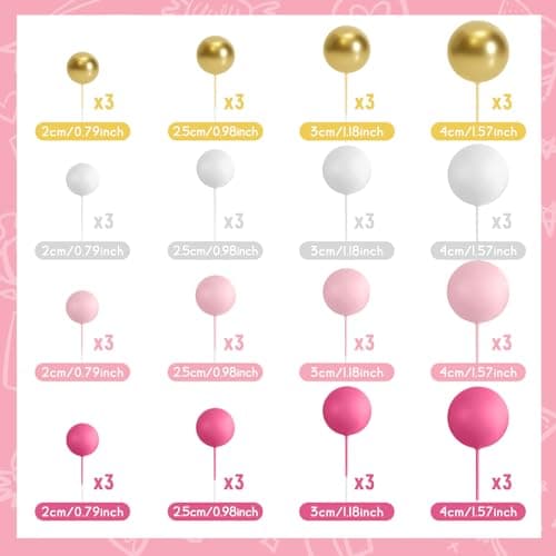 BOUBONI 48 Pièces Boules de Décoration de Gâteau Décorations de Cupcake en Ballon Boules pour Fête d'anniversaire Décoration de Gâteau d'Anniversaire(Rose Rouge, Rose, Blanc, Or)