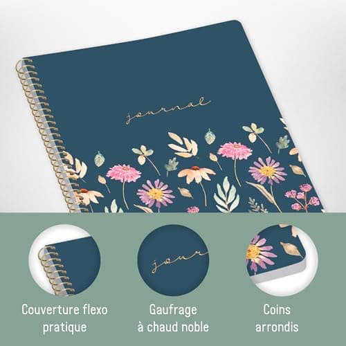 paper&you® Bullet Journal à pois, format A5, avec reliure à spirale, motif fleurs volantes, 160 pages, bloc-notes à pois avec spirale, bloc-notes à spirale, durable et respectueux du climat
