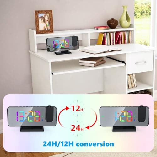 Réveil à Projection, Horloge Numérique LED Grand Écran, avec Projecteur Rotatif à 180°, Affichage des Chiffres RVB 11 Couleurs, 6 Niveaux de Luminosité, Double Alarme, Snooze, 12/24h, Horloge Digitale