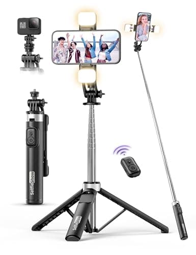 135CM Perche à Selfie Trépied avec 2 Lumière, Trépied pour Téléphone avec Télécommande Détachable, Portable Selfie Stick Trepied Extensible avec Vis de 1/4" Compatible pour iPhone/Android/GoPro/Camera