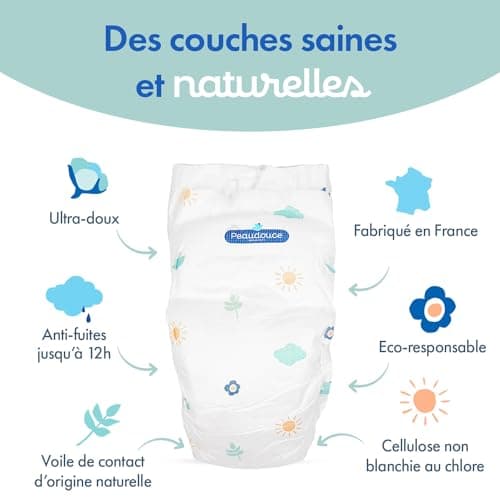 PEAUDOUCE - Sac x 48 Couches Bébé Taille 4 (7-18kg) - Ecologiques, Naturelles, Saines et Peau Douce - Fabriquées en France - Protection Anti-Fuites Jusqu'à 12 h - Non Blanchie Au Chlore
