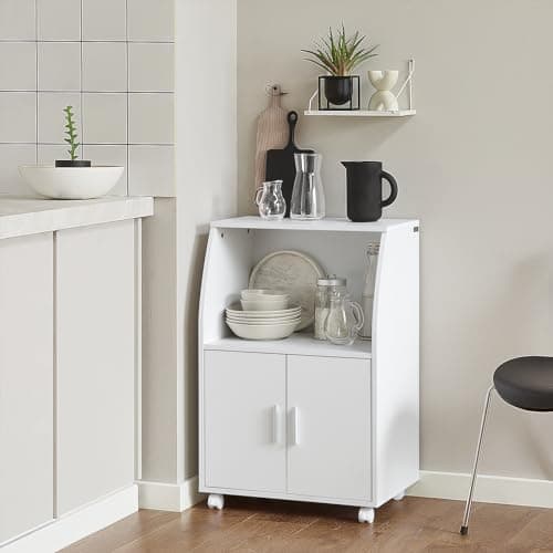 SoBuy Desserte, Micro-Onde à roulettes, Meuble de Rangement Cuisine, Chariot, Commode, Étagère de Micro-Ondes, Meuble Four, pour Salle à Manger, Cuisine, Salon, Blanc, L55xP38xH34 cm, FRG241-W