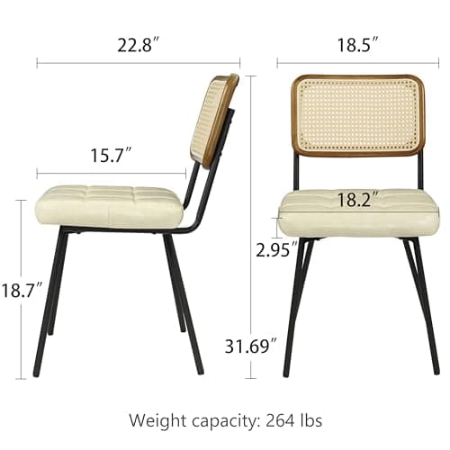 Zouron Chaises de Salle à Manger en rotin Lot de 2,Chaise de Salle à Manger Moderne du Milieu du siècle avec Pieds en métal,Chaise de Cuisine avec Dossier en rotin,Chaise en Cuir rembourré,Beige