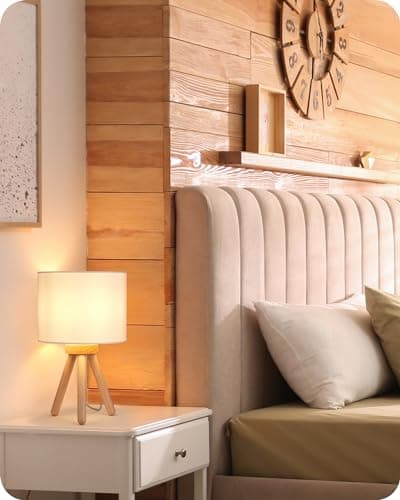 EDISHINE Lampe de Chevet en Bois à Trépied, Abat-jour en Lin, E27 Ampoule LED Incluse, 2700K Blanc Chaud, Lampe de Table Moderne pour Chambre à Coucher, Salon, Bureau, Hôtel, Blanc