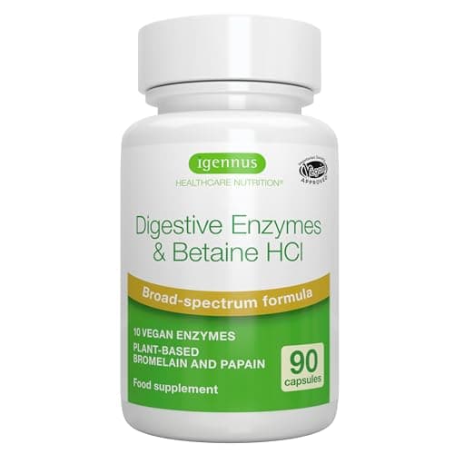 Enzymes Digestives & Bétaïne HCl, 90 Capsules, Complexe Avancée de 10 Enzymes Digestives compris Bromélaïne, Papaïne, Lactase, Lipase, Formule Pure et 100% Végétale - par Igennus