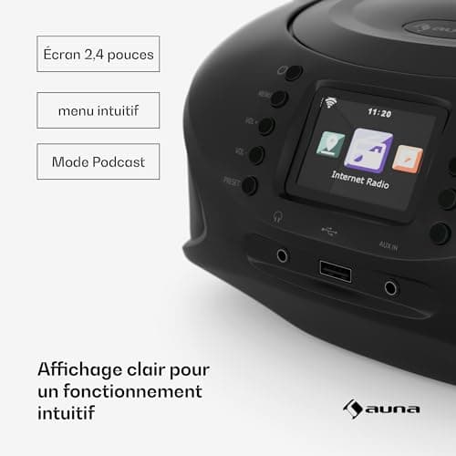 AUNA Roadie Smart Lecteur CD Portable – Bluetooth Boombox avec Radio Dab+/FM/Internet, Lecteur CD/Mp3, Écran Tft 2,4", Batterie, Haut-Parleurs 3W, USB/Aux, Noir