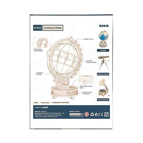 ROKR Puzzle 3D Bois Globe Lumineux Maquette en Bois a Construire STEM Cadeau de Noël Unique pour Papa Homme (ST003)