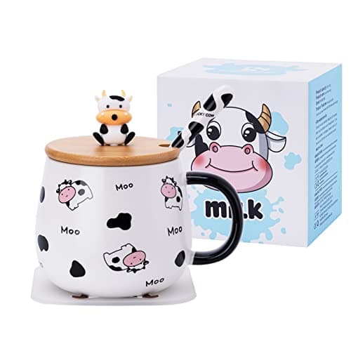 SHENDONG Tasse à café en forme de vache mignonne avec joli couvercle, dessous de verre et cuillère kawaii - Cadeau d'anniversaire pour femme, amoureux des vaches, filles et enfants