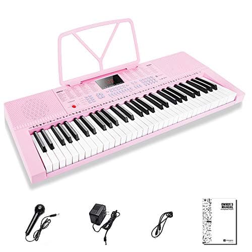 Vangoa Clavier de Piano 61 Mini Touches Clavier Piano électronique avec 3 modes d'enseignement, microphone, 350 sons, 350 rythmes, 30 démos, Rose