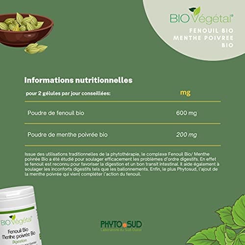 Phyto Sud Complexe Fenouil Bio 600 mg et Menthe Poivrée Bio 200 mg - Fenouil Gelules avec Menthe Poivrée pour Aider à la Digestion Difficile - 60 Gélules - Cure de 1 Mois - Fabriqué en France