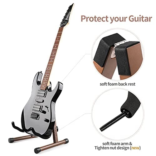 PlutuX Support de Guitare en Bois | Stand A Pliable Universel pour Guitare Acoustique | Electrique | Classique | Basse et Ukulélé | Porte Guitare Portable Support en Bois Dur Naturel Marron Foncé