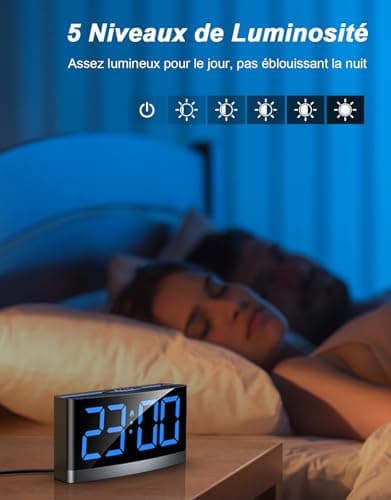 Rolgno Reveil Matin Numérique, Horloge Digitale avec Chiffres LED Bleus, Réveil Enfant & Ado Alarm Clock avec 5 Luminosité & Volume, 3 Tonalités reveille, Snooze, 12/24H, Alimenté USB(SANS Adaptateur)
