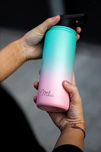 Milu Bouteille en acier inoxydable 500ml, 750ml, 1000ml (+3 couvercles) - Bouteille thermo avec paille, bouteille d'eau, pour boissons chaudes, froides et gazeuses (rose menthe, 1l)