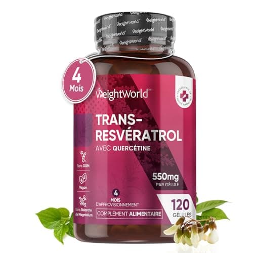 Trans Resveratrol (98%) avec Quercétine 550mg, 120 Gélules Vegan pour 4 Mois Source de Vitamine C, Resveratrol Polyphenols Renouée du Japon avec Sophora Japonica sans Stéarate Magnésium