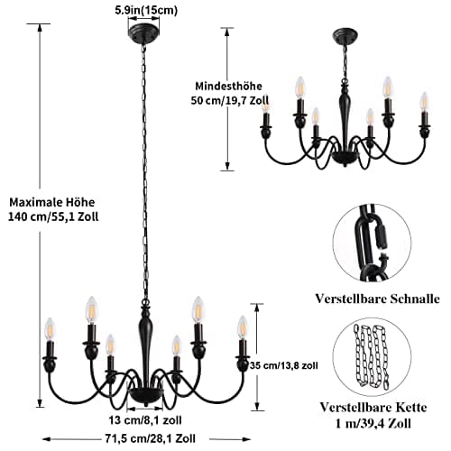 MRHYSWD 6 LumièRes De Lustre Noir, Lustre Salon Lustre Chambre Salle A Manger Cuisine Paille Couloir Entree, Lustre Suspension Industriel Vintage, RéGlable En Hauteur, Sans Ampoules
