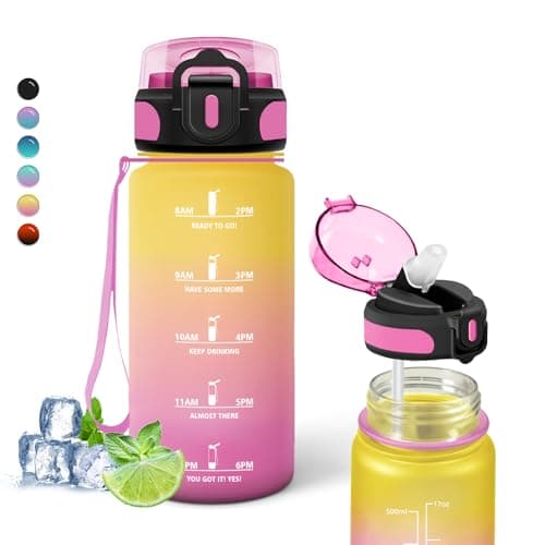 Gourde Enfant, Gourde 500ml avec Paille, Gourde Plastique avec Slogan de Motivation, Gourde Heure anti Fuite, Facile à Nettoyer, Bouteille Paille pour Extérieur, Randonnée, Maternelle, Jaune-Rose