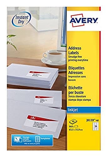 Avery Étiquettes Autocollantes Blanches 960 Pièces 63,5x33,9mm Impression Jet d'Encre J8159-40
